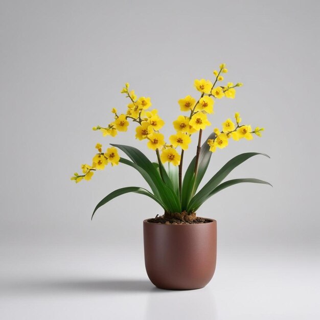 a pot with yellow flowers and green leaves in it