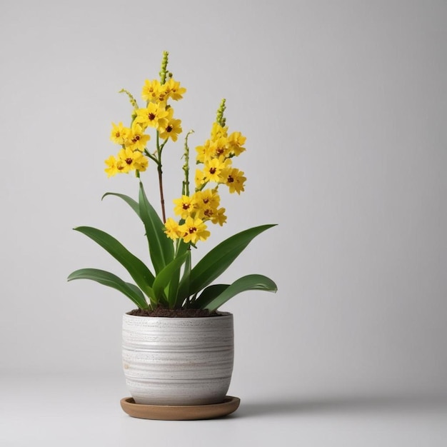 Photo a pot with yellow flowers on a table and a white background