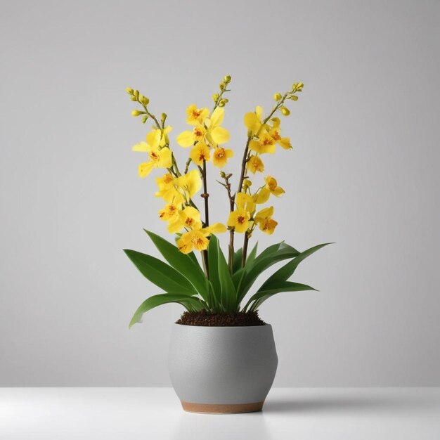 a pot of yellow flowers with the word  h  on it