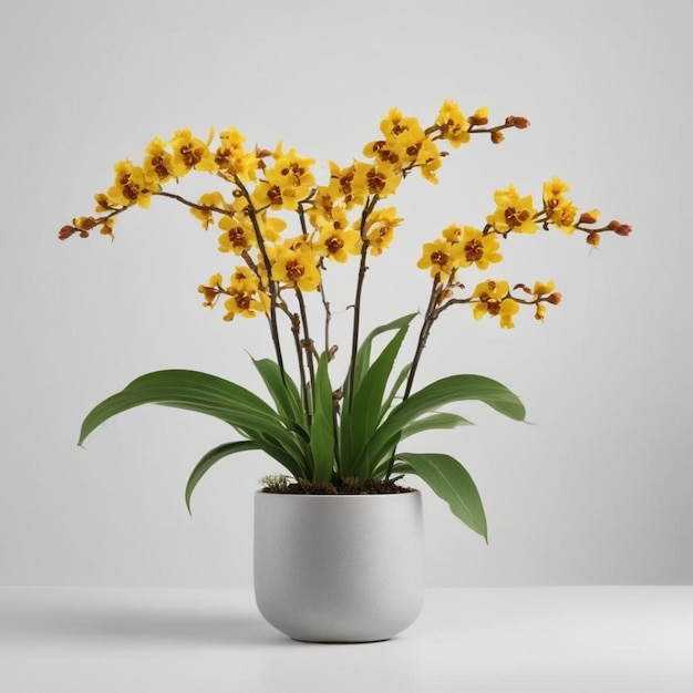 Photo a pot of yellow flowers with the word  on it