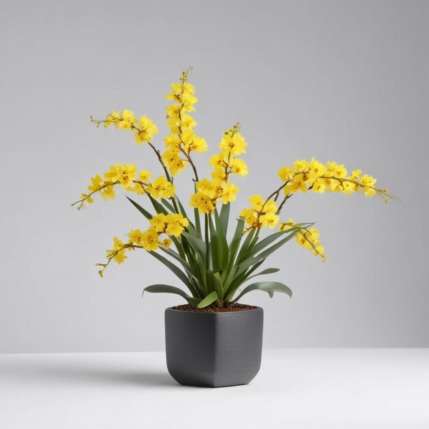 Photo a pot of yellow flowers with the words  potted  on the side