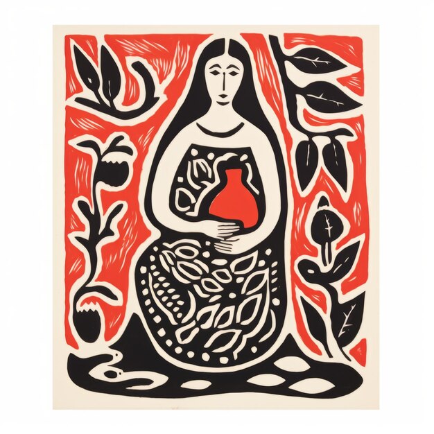 Potato block print of a image inspired by matisse of a tarot card a person