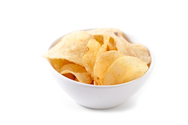 Potato chips on bowl on white background