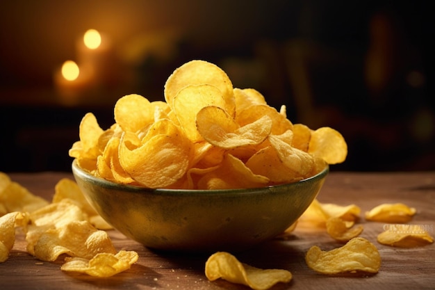 Potato chips in a bowl on a wooden table Selective focus