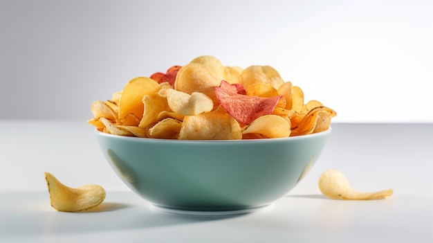 Potato chips in a bowl on wooden table with dark backgroundgenerative ai