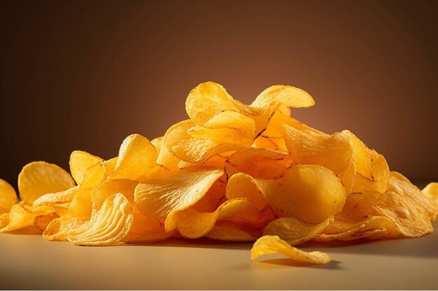 Potato chips on a brown background