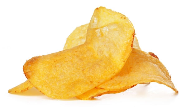 Potato chips close up on white background