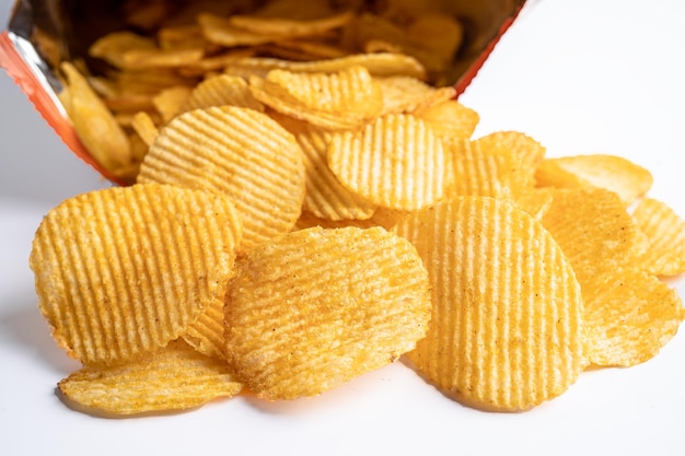 Potato chips delicious BBQ seasoning spicy for crips thin slice deep fried snack fast food in open bag