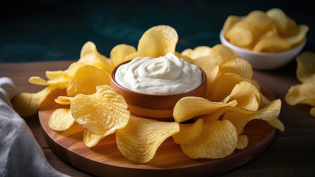 Potato chips and dip on a plate with a side of potato chips