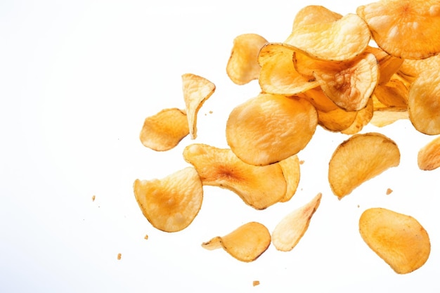 Potato chips float in the air on a white surface