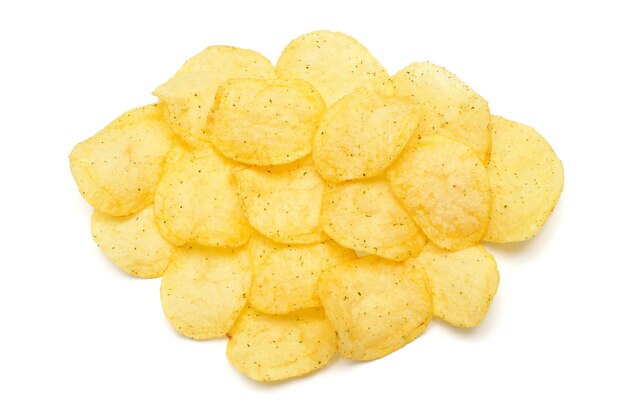 Potato chips isolated on white background. Flat lay, top view