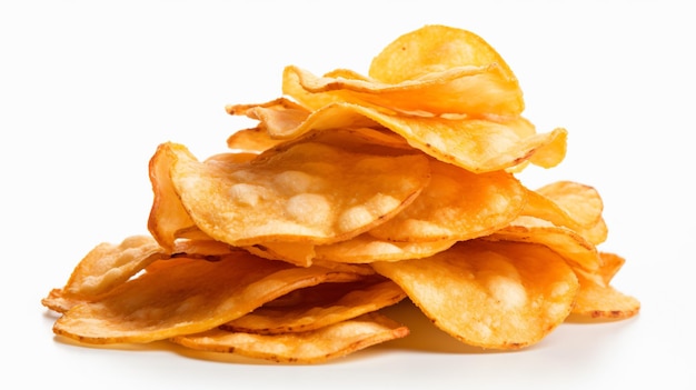 Решетчатая куча картофельных чипсов, изолированная на белой стороне