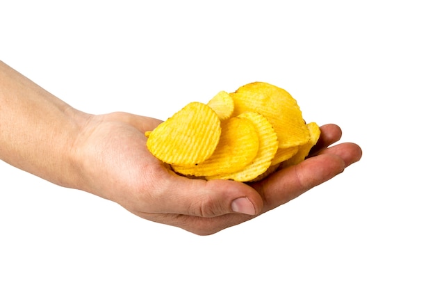 Potato chips in a man's hand on white