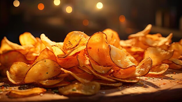 Potato Chips met een vleugje hartige zoute kruiden op een houten tafel met een onscherpe achtergrond