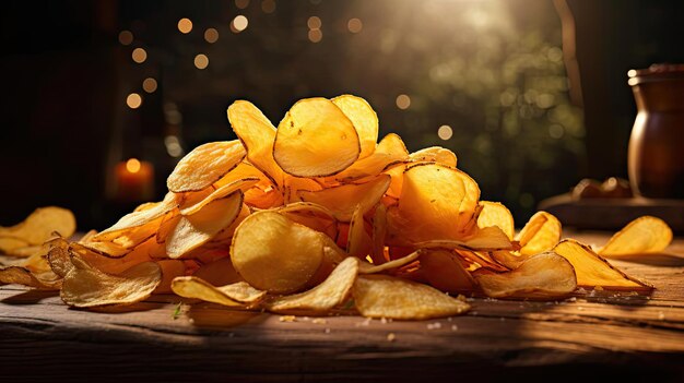 Potato Chips met een vleugje hartige zoute kruiden op een houten tafel met een onscherpe achtergrond