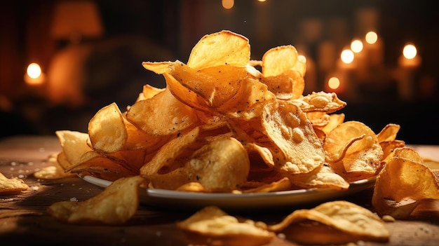 Potato Chips met een vleugje hartige zoute kruiden op een houten tafel met een onscherpe achtergrond