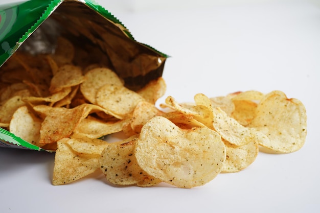 Potato chips in open bag delicious BBQ seasoning spicy for crips thin slice deep fried snack fast food in open bag