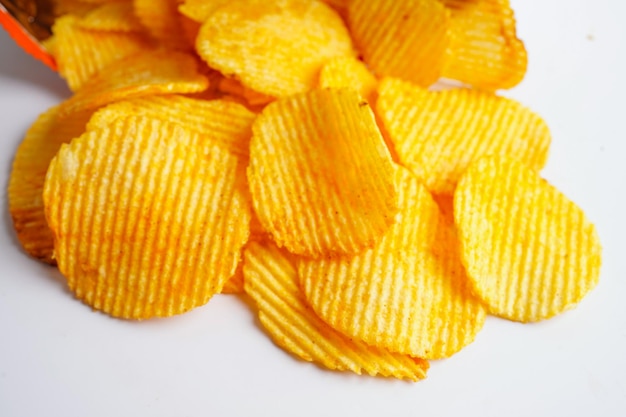 Potato chips in open bag delicious BBQ seasoning spicy for crips thin slice deep fried snack fast food