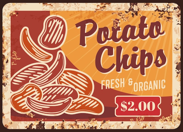 Potato chips rusty metal plate vector crispy snack