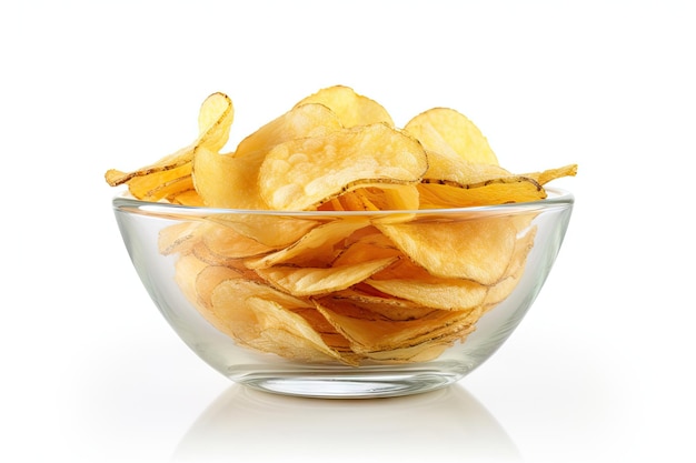 Potato chips separated in a glass bowl on a white backdrop