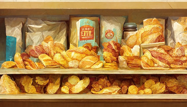 Potato chips snack product on grocery shop shelves digital illustration