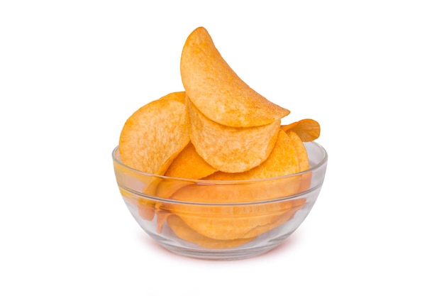 Potato chips in a transparent bowl isolated on white background