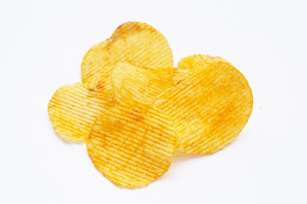 Potato chips on white background