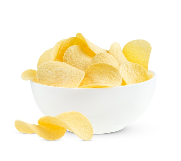 Potato chips in white bowl isolated on white background with clipping path