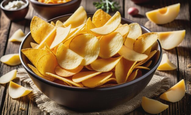 Potato chips with cheddar rustic background