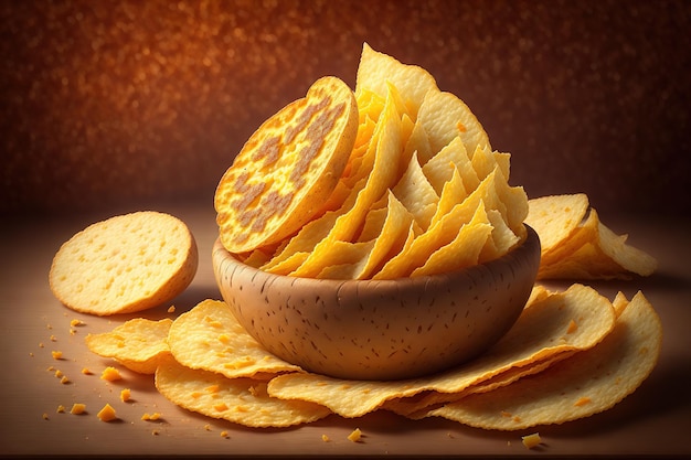 Potato chips with cheddar rustic background