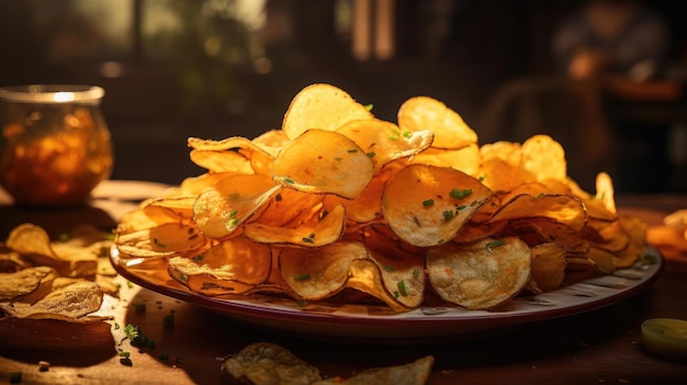 Картофельные чипсы с пикантными солеными специями на деревянном столе с размытым фоном