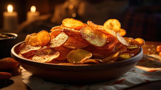 Картофельные чипсы с пикантными солеными специями на деревянном столе с размытым фоном