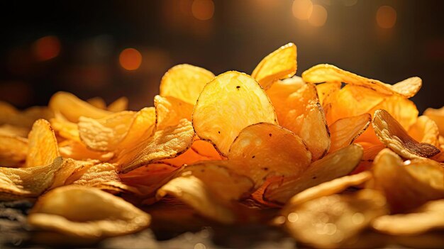 Potato chips with a sprinkling of savory salty spices on a wooden table with a blurred background