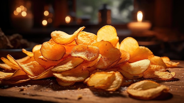 배경이 흐릿한 나무 테이블에 짭짤한 짭짤한 향신료를 뿌린 감자 칩