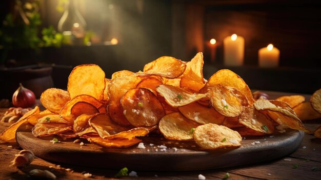 Potato Chips with a sprinkling of savory salty spices on a wooden table with a blurred background