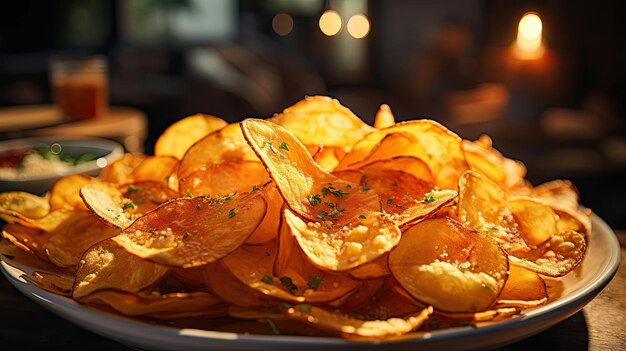 Potato chips with a sprinkling of savory salty spices on a wooden table with a blurred background