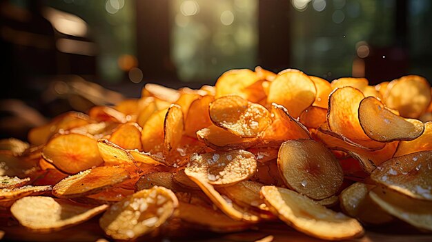 Potato chips with a sprinkling of savory salty spices on a wooden table with a blurred background