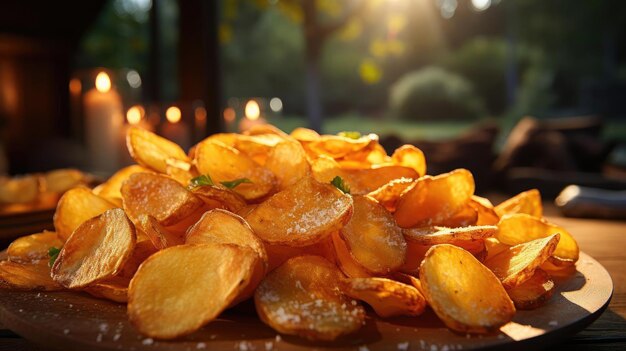 Potato chips with a sprinkling of savory salty spices on a wooden table with a blurred background