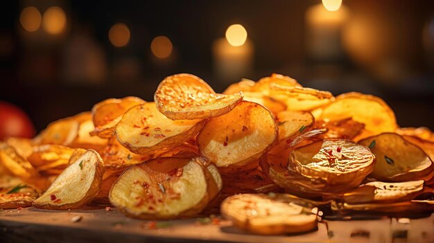 Potato Chips with a sprinkling of savory salty spices on a wooden table with a blurred background