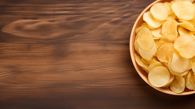 Photo potato chips on wooden bowl