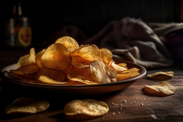 Potato chips on a wooden table Selective focus Toned