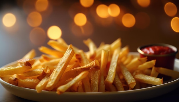 Potato french fries with ketchup on the side, close up