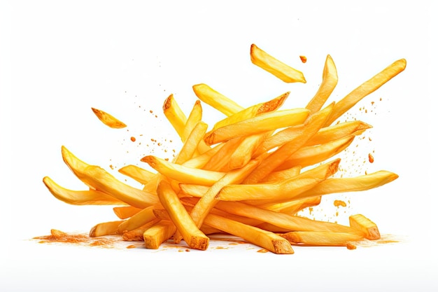 Potato fries falling isolated on white background focus on fries