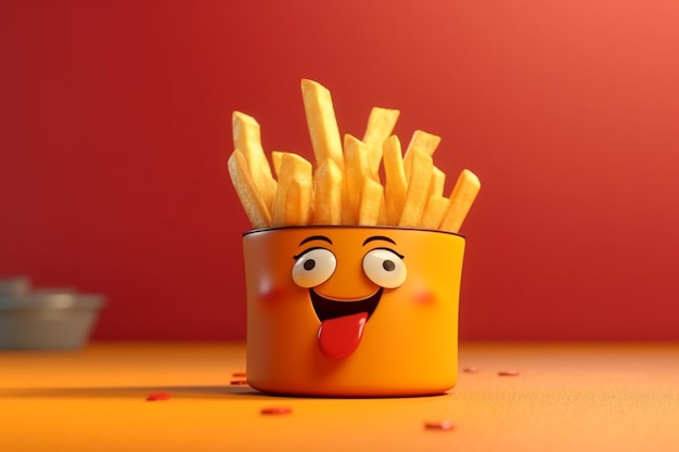 Potato fries with funny face character on orange background 3d illustration generative ai