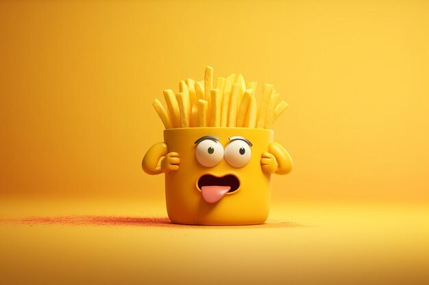 Potato fries with funny face character on orange background 3d illustration generative ai