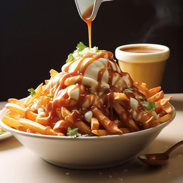 Potato fries with sauce and mayonnaise on a wooden table