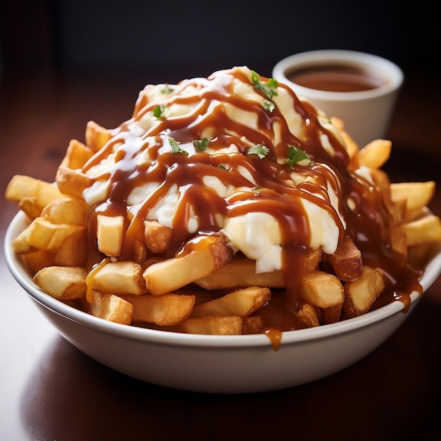 Potato fries with sauce and mayonnaise on a wooden table