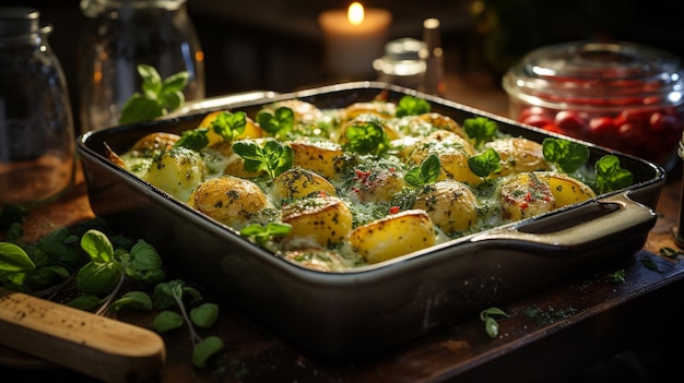 Potato gratin with cheese and herbs in a baking dish