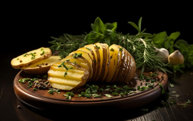 potato medallion with herb garnish
