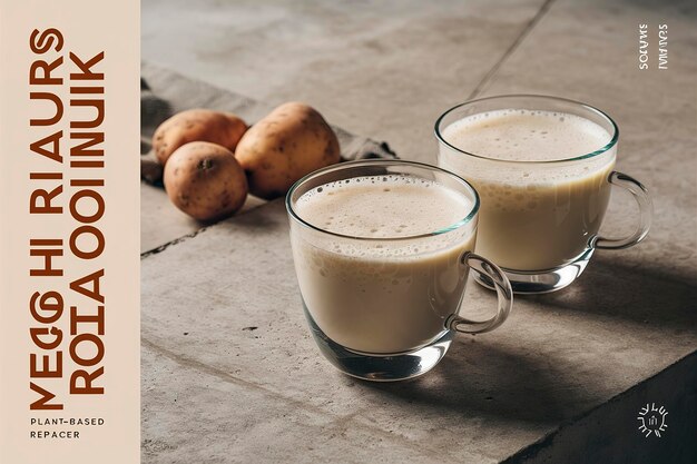 Foto latte di patata in bicchieri e tuberi di patata su uno sfondo di cemento